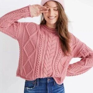 Madewell Pink Cable Knit Chunky Pullover Fisherman Sweater size L